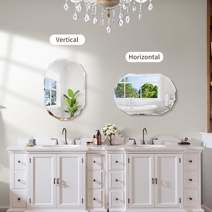 GLASHOM Frameless Bathroom Mirror, 16" x 24" Beveled Oval Wall Mirror for Over Sink, 16 Inch Modern Decorative Vanity Mirror for Bedroom, Living Room, Entryway, Hanging Mirror Horizontal or Vertical