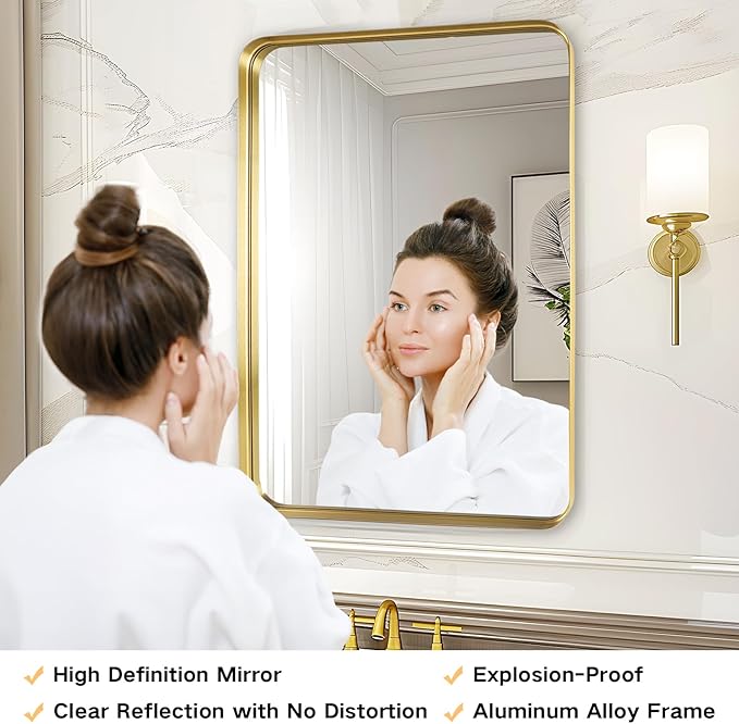 Bathroom Mirror - 28x36 Inch Wall Mirrors for Bathroom, Gold Frame Rectangle Vanity Mirror for Restroom, Entryway, Hanging Vertically or Horizontally