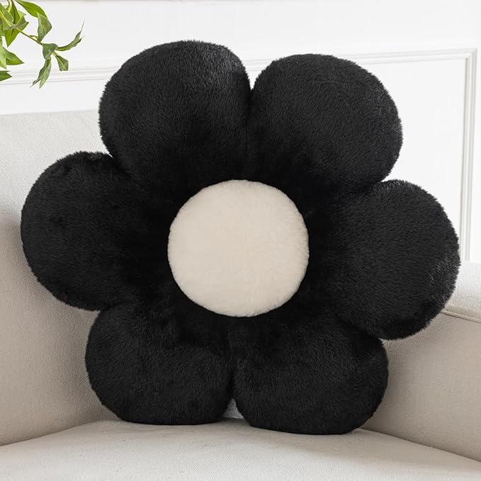 Flower Pillows, Decorative Pillows for Couch, Cute Daisy Pillow for Bed, Flower Shaped Decorative Throw Pillow Room Decor (Black, 19.6 Inches)