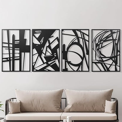 AMAATE Minimalist Abstract Line Art Metal Wall Decor Set of 4, Black Iron Geometric Sculptures with Curved Patterns and 3D Effect, Modern Artistic Wall Accents for Living Room, Bedroom, Home Office and Studio Decor, 14.6" X 22.5"