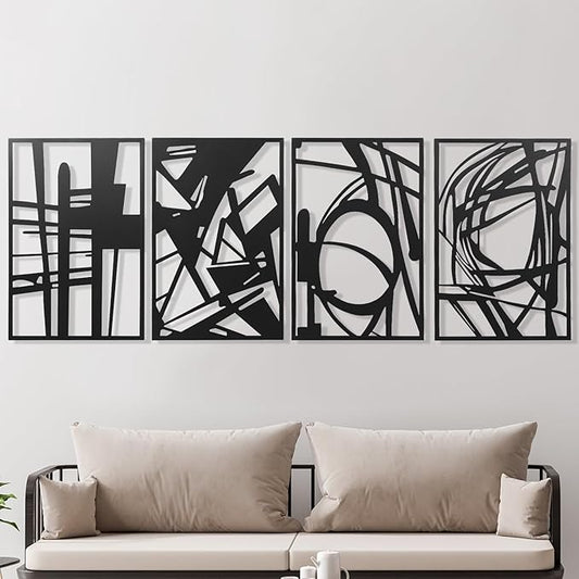 AMAATE Minimalist Abstract Line Art Metal Wall Decor Set of 4, Black Iron Geometric Sculptures with Curved Patterns and 3D Effect, Modern Artistic Wall Accents for Living Room, Bedroom, Home Office and Studio Decor, 14.6" X 22.5"