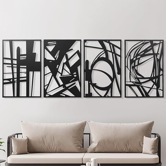 AMAATE Minimalist Abstract Line Art Metal Wall Decor Set of 4, Black Iron Geometric Sculptures with Curved Patterns and 3D Effect, Modern Artistic Wall Accents for Living Room, Bedroom, Home Office and Studio Decor, 17.7" X 26.4"
