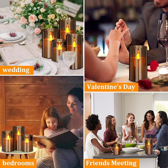 Flameless Candles 4" 5" 6" Acrylic Glass Pillars 3" Diameter Battery Operated Flickering Candles Include Remote with 24Hour Timer Function 400+ Hours by 2 AA Batteries (Gray, Warm Light 6 Pack)
