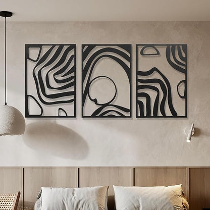 AMAATE 3 Piece Black Metal Wall Art, Modern Abstract Geometric Line Art Sculpture, Minimalist Hollow Out Metal Wall Decor for Living Room Bedroom Home Decor 14.6" X 22.5" in