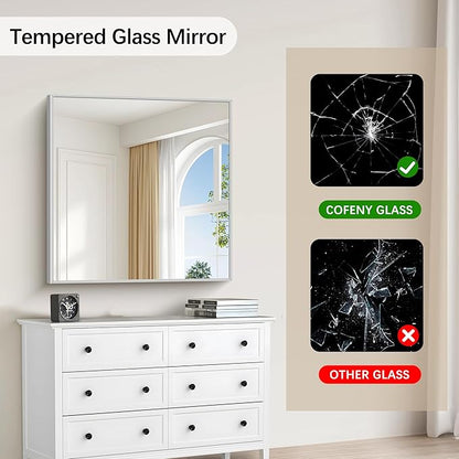 COFENY Silver Bathroom Mirror for Wall, 30x30 Inch Rectangle Mirrors with Metal Frame, Modern Vanity Wall Mirror Decor for Bathroom Living Room, Entryway Hangs Horizontal or Vertical