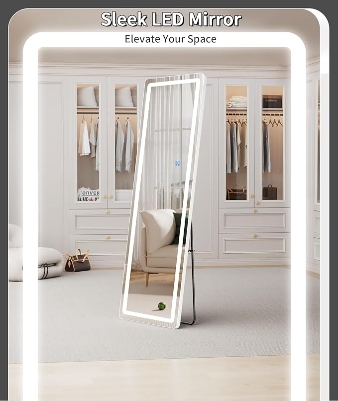 Koonmi Full Length Mirror with LED Lights, 65"x26" Lighted Mirror with Dimming & 3 Color Lighting, Big Mirror for Bedroom, Dressing Room, Rectangle,White