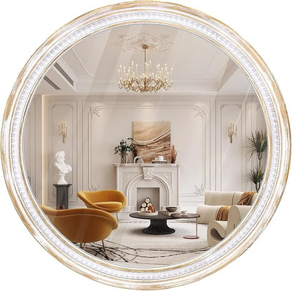 HOITUZYUS Farmhouse Round Wood Mirror 30 Inch, Rustic Boho Circle Decorative Mirrors for Bathroom, Living Room, Entryway, Bedroom, Hallway