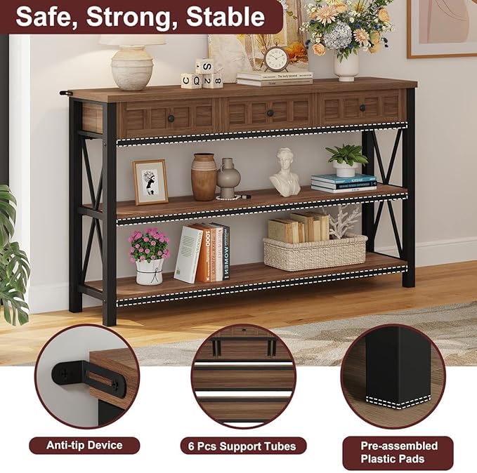 FATORRI Console Table for Entryway, Farmhouse Sofa Table with 3 Drawers for Living Room, Wood and Metal Hallway Tables with Storage and Couch Tables Behind Sofa (54.72 Inch Long, Medium Walnut)