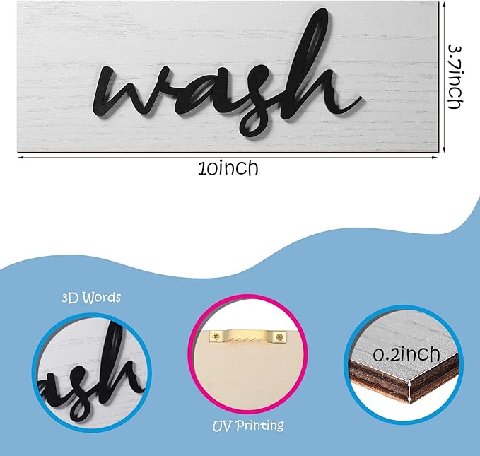 Jetec 4 Pieces Farmhouse Bathroom Wall Decor Wash Signs Rustic Hanging Wooden Signs Primitive Wall Arts Vintage Country Wooden Decorations for Home Room Bathroom(Blue, White)