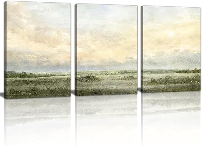 WENGTIAO Sage Green Wall Art Prints Set of 3 Abstract Landscape Canvas Paintings Nature Rustic Scenery Pictures Photos Minimalist Artwork Home Decor for Living Room Bedroom Office 16”x24”x3