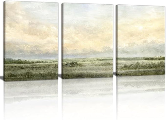 WENGTIAO Sage Green Wall Art Prints Set of 3 Abstract Landscape Canvas Paintings Nature Rustic Scenery Pictures Photos Minimalist Artwork Home Decor for Living Room Bedroom Office 16”x24”x3