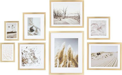 ArtbyHannah Gallery Wall Frame Set, 8 Pack Picture Frames Collage Wall Decor with Neutral Pampas Grass Art for Living Room, Assorted Size Including 11"x14", 8"x10", 5"x7"(Gold Frame)