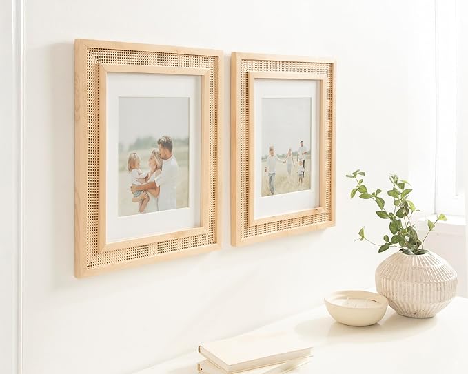 Kate and Laurel Corah Modern Faux Rattan Picture Frame Set of 2, 11 x 14 matted to 8 x 10, Natural, Boho Two-Piece Glass Photo Frame Set for Gallery Wall Design in Living Room Wall Decor