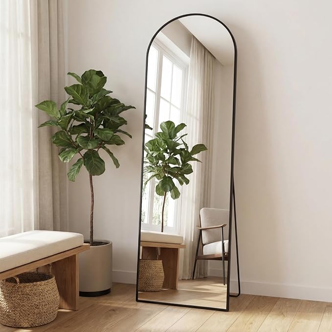 Sweetcrispy 58"x19" Arched Full Length Mirror, Full Body Mirror with Aluminum Alloy Thin Frame, Leaning or Standing, Suitable for Bedroom, Livingroom, Cloakroom, Black