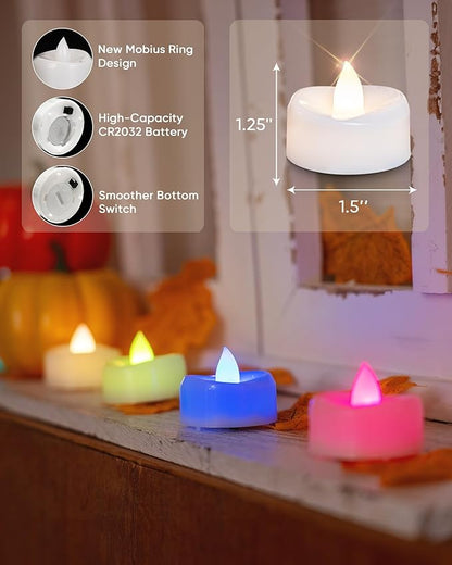 merrynights LED Candles, 24-Pack Color Changing Tea Lights Candles Battery Operated Bulk, Long-Lasting 200+ Hours Flameless Tealight Candles for Halloween Christmas Holiday Decor, 1.5'' D X 1.25'' H