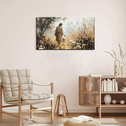 1Pcs Vintage Framed Jesus Lamb Paintings Canvas Wall Art Shepherd Flock Paintings Christian Wall Decor Modern Pictures Religious Art Print for Living Room Bedroom Decoration24x36in