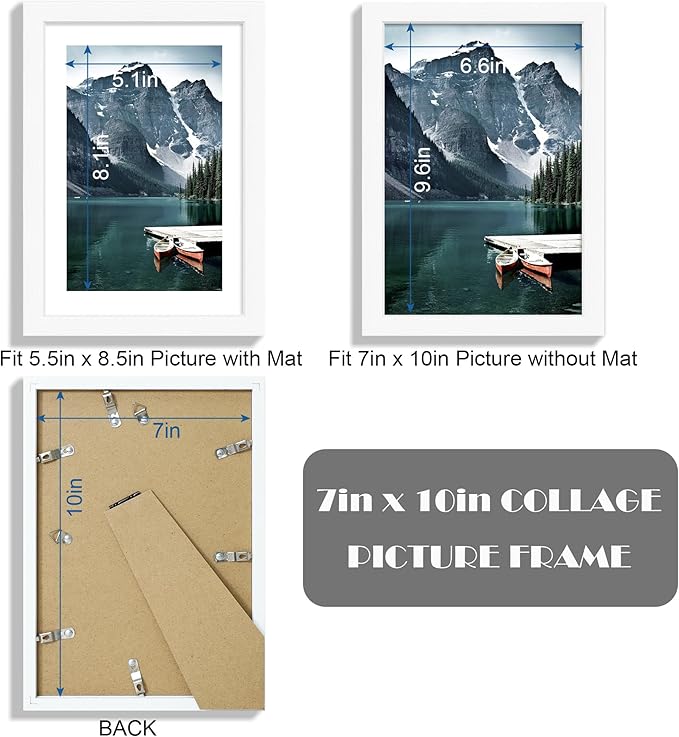 Hongkee 7x10 Frame with Real Glass - Display 5.5 x 8.5 Diploma Frame with Mat or 7 x 10 without Mat, Photo Frame for Wall or Table Top Display(White, 3 Pack)