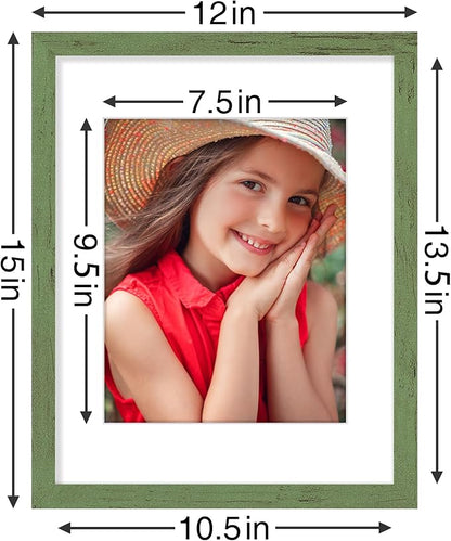 Vittanly 11x14 Picture Frames Set of 9, Shatter Resistant Plexiglass, Display 8x10 Pictures with Mat or 11x14 without Mat, Photo Frames for Wall or Tabletop, Engineered Wood, Rustic Green