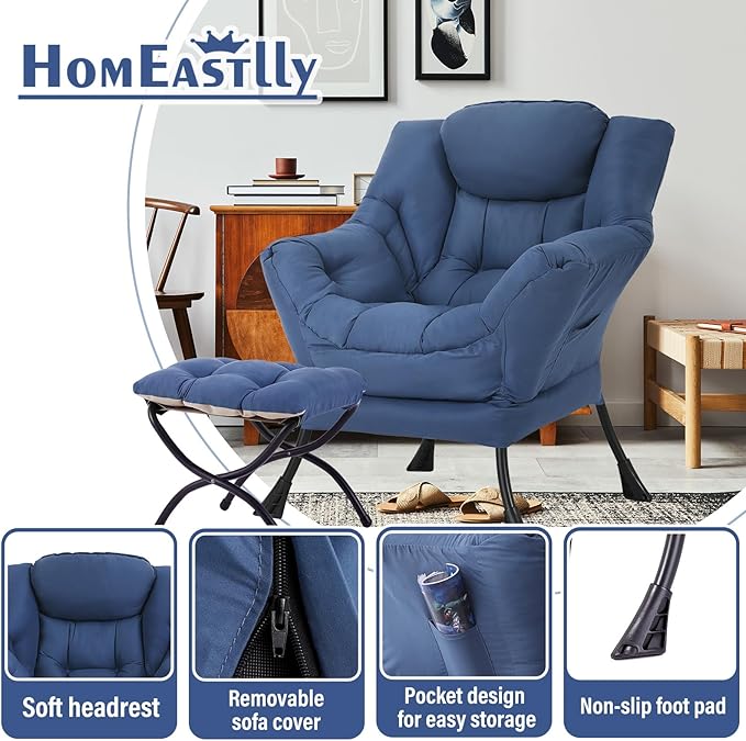 Lazy Chair with Ottoman, Large Royal Blue Accent Chair with Ottoman, Comfy Reading Armchair, Leisure Sofa Chair for Living Room, Bedroom, Dorm Room, Office