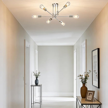 6-Light Sputnik Light Fixture, Brushed Nickel Mid-Century Modern Chandelier for Dining Room, Kitchen, Living Room, Bedroom