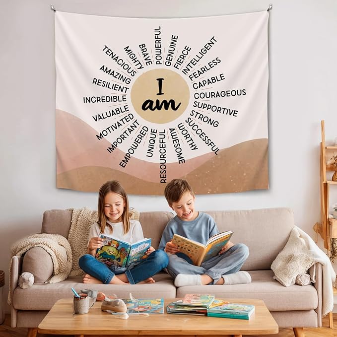 Soft Flannel Wall Tapestry – I Am Kind ,I Am Strong Inspirational Tapestry,Boho Wall Hanging Decor for Bedroom Living Room Kids Room Decor,Birthday Party Wall Art Decoration 59x51 inch (Colorful-You are kind) (Orange-I am)
