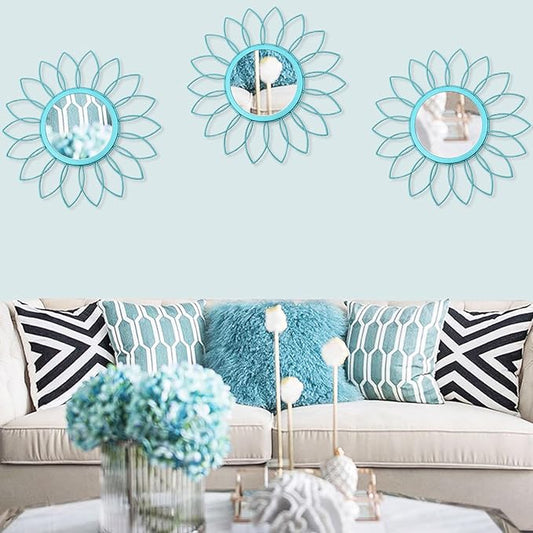 3 Pack Metal Mirrors for Wall Sunburst Wall Mirrors Home Décor Decorative Hanging Wall Art for Living Room Bedroom Entryway (Greenish Blue, Flowers)