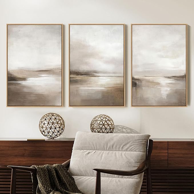 SAFERRYHOME Neutral Abstract Framed Wall Art - Minimalist Modern Nordic Calm Canvas Print Set, Landscape Shapes Earth Tone Illustrations Decor for Living Room, Bedroom - 3 Panels 16x24 Inch