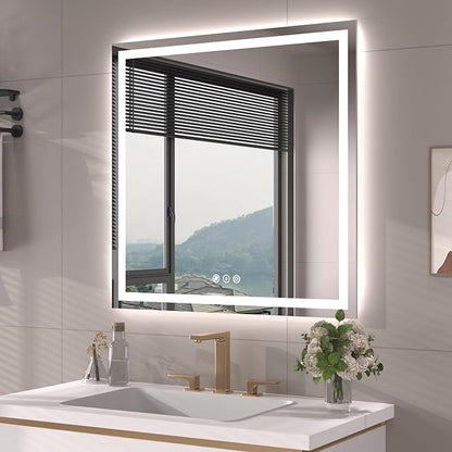 Snowdool 32"X32" LED Bathroom Mirror with Front Lights and Backlit, Anti-Fog, Dimmable, Shatter-Proof Tempered Glass, Lighted Bathroom Vanity Mirror for Wall with 3 Colors, Memory Function