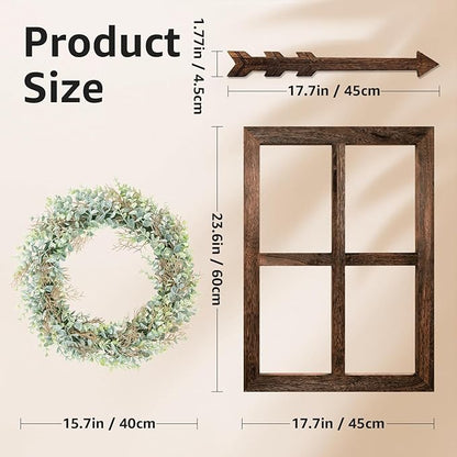 WAKOSAN Rustic Wood Window Frame with Green Wreath and Arrows Wall Decor, Farmhouse Wooden Fake Window Decoration for Bedroom Living Room,Set of 2 (Large Brown)