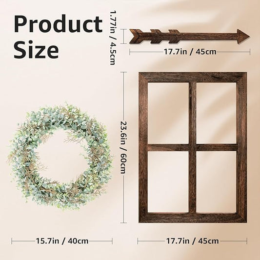 WAKOSAN Rustic Wood Window Frame with Green Wreath and Arrows Wall Decor, Farmhouse Wooden Fake Window Decoration for Bedroom Living Room,Set of 2 (Large Brown)