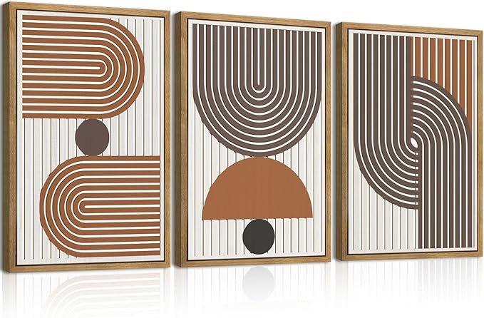 DRACIT Large Modern Mid Century Boho Wall Art Set,Abstract Geometric Wooden Wall Decor,Neutral Minimalist Arch Lines Artwork Beige Orange Brown Wood Grain Art Decor for Living Room,Bedroom,Office-16x24Inch x3