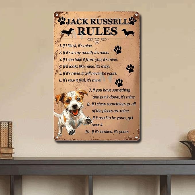Metal Sign Tin Sign Vintage Wall Art Jack Russell Rules Metal Signs Vintage for Restaurant 6×8 Inches