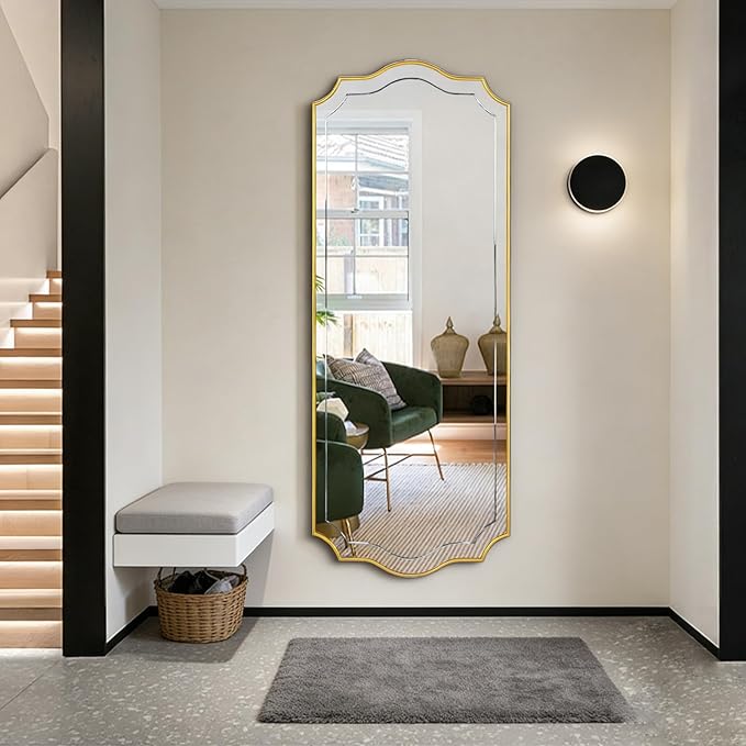 POZINO Large Scalloped Mirror, 63"x24" Rectangle Full Length Mirror with Gold Wood Frame, Modern Aesthetic Wavy Wall Mirrors for Living Room Bedroom Hallway Entryway, Horizontal or Vertical Hanging