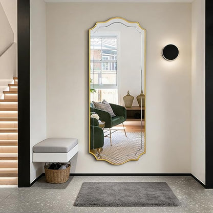 POZINO Large Scalloped Mirror, 63"x24" Rectangle Full Length Mirror with Gold Wood Frame, Modern Aesthetic Wavy Wall Mirrors for Living Room Bedroom Hallway Entryway, Horizontal or Vertical Hanging