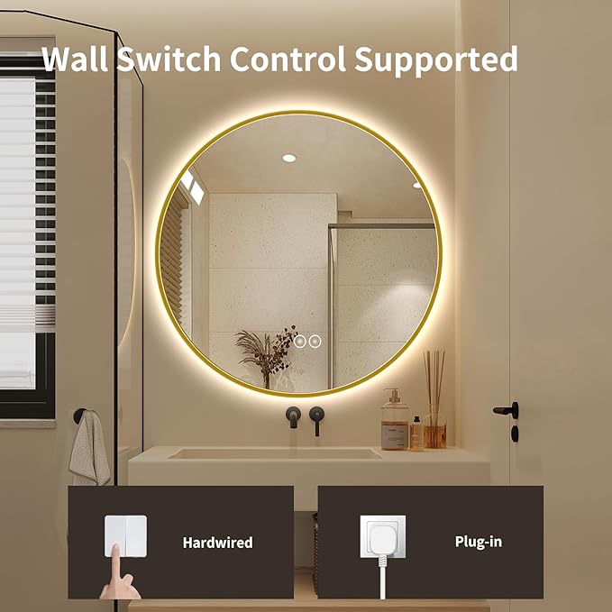 LAIYA 24 Inch Round LED Bathroom Mirror with Lights, Gold Aluminum Frame, Anti-Fog Dimmable Backlit Vanity Mirror, 3 Color Temperature, Memory Function, Wall Mounted Lighted Bathroom Mirror