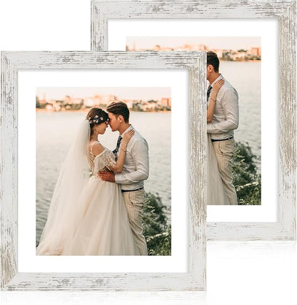 iRahmen 10x12 Picture Frame with Mat 8x10 - High Definition Tempered Glass Wooden Photo Frames for Tabletop Display and Wall Mounting (Distressed-White, Set of 2)