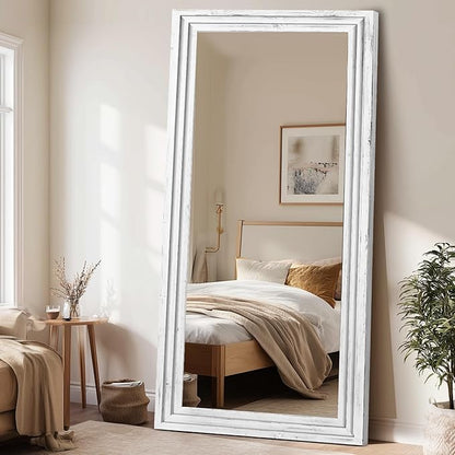 Full Length Wood Mirror 76x34 - Rustic Solid Wood Floor Mirror with Triple Layer Frame, HD Tempered Glass, Wall Mounted or Leaning Standing Mirror Vintage White Mirror for Bedroom Bathroom Living Room
