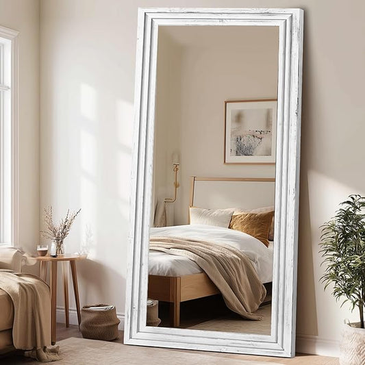 Full Length Wood Mirror 76x34 - Rustic Solid Wood Floor Mirror with Triple Layer Frame, HD Tempered Glass, Wall Mounted or Leaning Standing Mirror Vintage White Mirror for Bedroom Bathroom Living Room