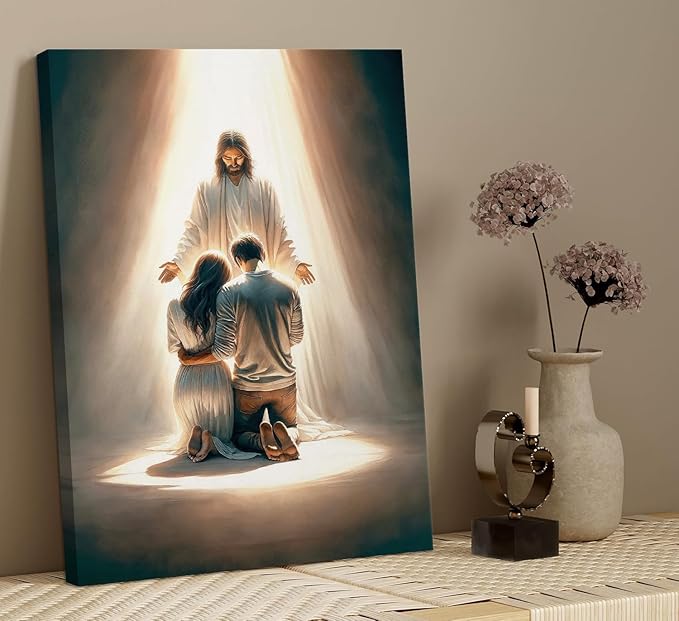 Jesus Blesses Couple Canvas Wall Art Couple Kneeling and Praying to Jesus Painting picture Wall Decor religion Christian Poster Print Artwork for Church LDS bedroom Living Home Decor 24x36 in Canvas