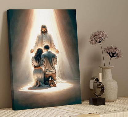 Jesus Blesses Couple Canvas Wall Art Couple Kneeling and Praying to Jesus Painting picture Wall Decor religion Christian Poster Print Artwork for Church LDS bedroom Living Home Decor 16x24 in Canvas