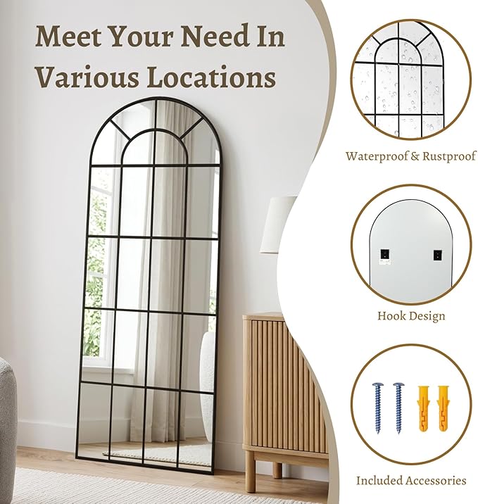 Anpark Arched Windowpane Mirror Full Length 65"x24" Wall Mounted Black Art Pane Farmhouse Decorative Floor Mirror Leaning Hanging Wall Mirror for Bedroom Living Room Entrance