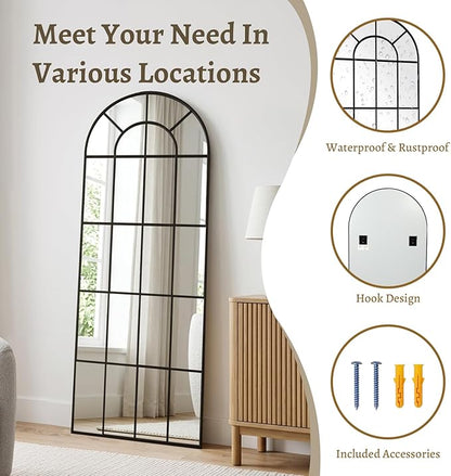 Anpark Arched Windowpane Mirror Full Length 65"x24" Wall Mounted Black Art Pane Farmhouse Decorative Floor Mirror Leaning Hanging Wall Mirror for Bedroom Living Room Entrance