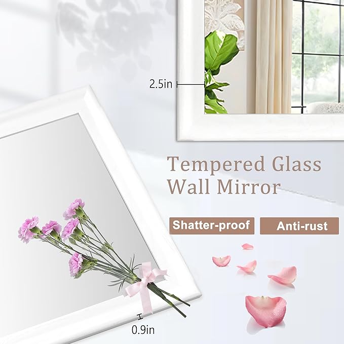 Tanmicoshomy White Bathroom Mirror 20x30 Inch, Wood Wall Mirrors with Tempered Glass for Bathroom Living Room Bedroom or Hallway
