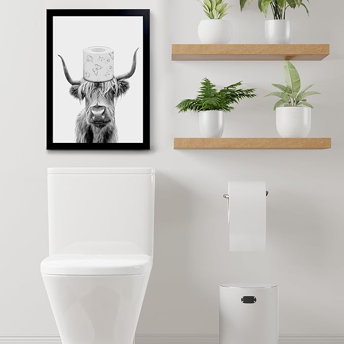 Toilet Paper On Head,Black Framed Funny Animal Prints, Vintage Black and White Rustic Style Cute Bathroom Cow Canvas Art Poster for Bathroom Restroom Decoration, Farmhouse Wall Decor