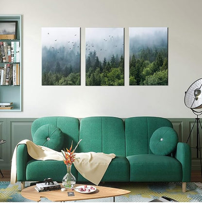 Green Forest Wall Art Tropical Forest Mountain Bird Contemporary Canvas Pictures Modern Artwork Framed for Bathroom Bedroom Nursery Living Room Home Office Kitchen Wall Decor 16" x 24" 3 Pieces