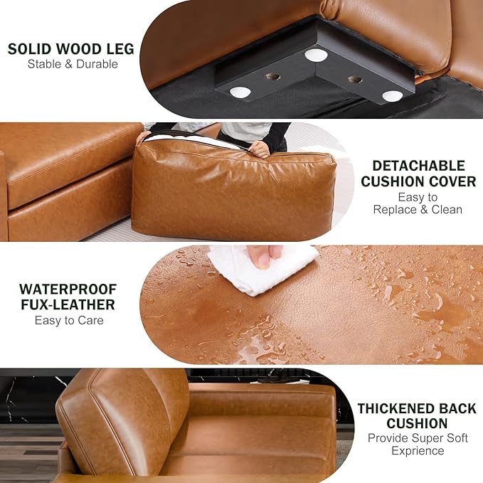 ELUCHANG 85" Faux Leather Couch, 2 Piece Mid-Century Modern Loveseat Sofa with Extra Deep Seat, Upholstered Cushion&Solid Wooden Frame, Comfy Couch for Living Room, Brown