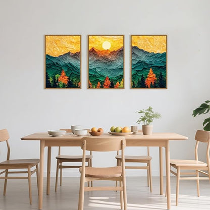 Abstract Mountain Framed Canvas Wall Art Set, Forest Pine Tree Golden Sunset Wall Decor, Mixed Patchwork Landscape Art Print for Living Room, Bedroom, Dining Room, Office-16 x24 x3