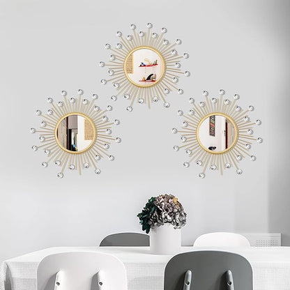3 Pack Metal Mirrors for Wall Sunburst Wall Mirrors Home Décor Decorative Hanging Wall Art for Living Room Bedroom Entryway (Gold Crystal, Sunburst)