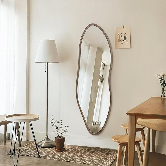 Irregular Full Length Mirror, 65"x22" Wooden Farmhouse Full Body Mirror, Large Asymmetrical Wall Mirrors for Living Room Entryway, Horizontal/Vertical, Vintage Walnut