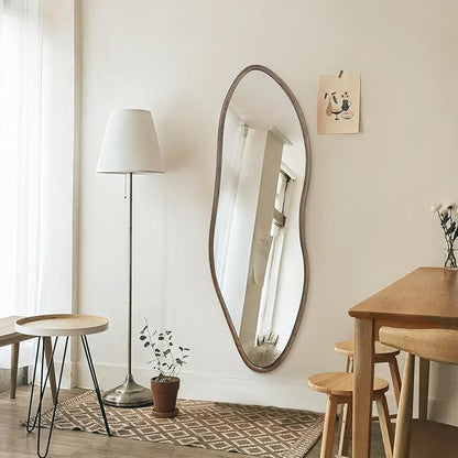 Irregular Full Length Mirror, 65"x22" Wooden Farmhouse Full Body Mirror, Large Asymmetrical Wall Mirrors for Living Room Entryway, Horizontal/Vertical, Vintage Walnut